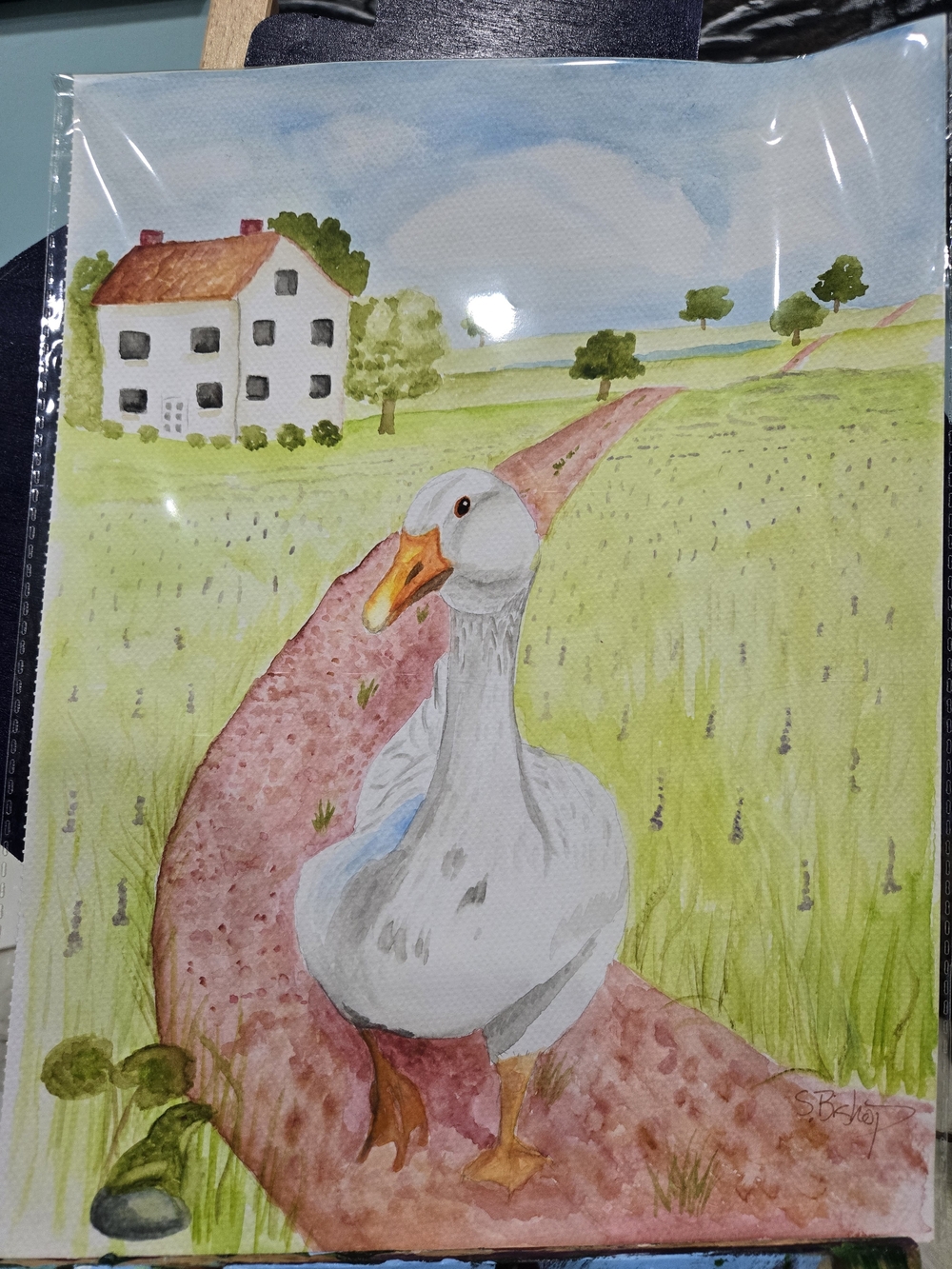 Hand-Painted Farm Goose Wall Art Watercolor - White & Green